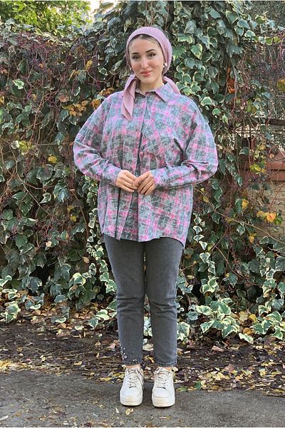 Moda Rosa 25K4461 - Pink - Knitwear Detailed Plaid Shirt