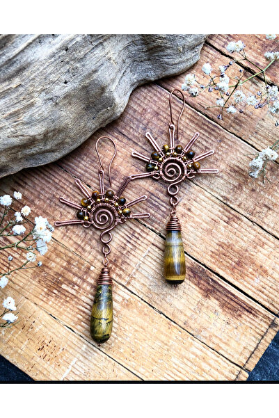 Kaplan Gözü El Yapımı Bakır Tel Sarma Doğal Taş Küpe