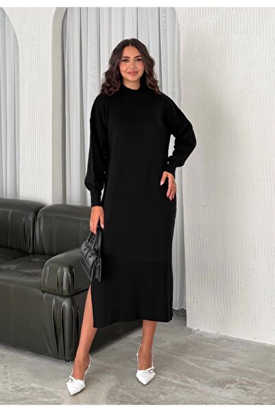 owiç Kadın Yarım Balıkçı Yaka Düşük Omuz Balon Kol Yarım Yırtmaçlı Triko Elbise - 23039