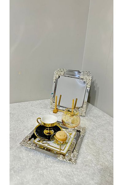 USD HOME Ασημένιος τετράγωνος δίσκος παρουσίασης καφέ τεσσάρων γωνιών 4 τεμαχίων