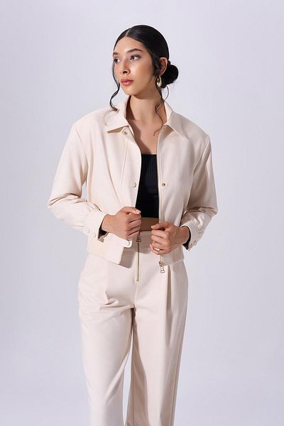 Naar Women's Zippered Shirt Collar Long Sleeve Cream Coat 2591603