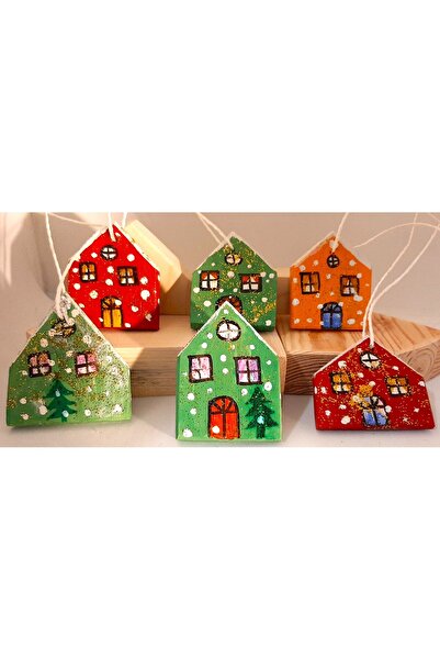 ELSA Wooden House Shaped Christmas Tree Ornament - Set of 6