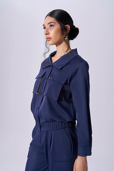 Naar Navy Blue Long Sleeve Bomber Shirt - Pocket Detail, Shirt Collar 2591609