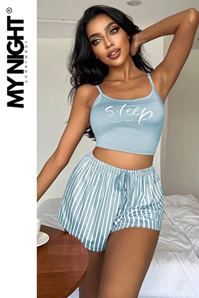 Veille Pijama Takımı Şortlu Gecelik Sabahlık Takım Mavi Cizgi Detaylı