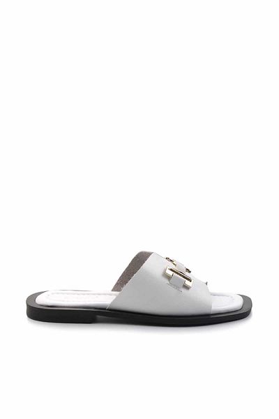 Bambi White Genuine Leather Women's Slippers K 04826018403