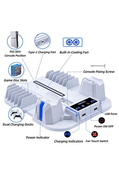 PGTECH PG-TECH GP-521 PS5 Slim Disk/PS5 Slim Dijital Uyumlu Multifonksiyonel Soğutucu Fan Şarj Stand