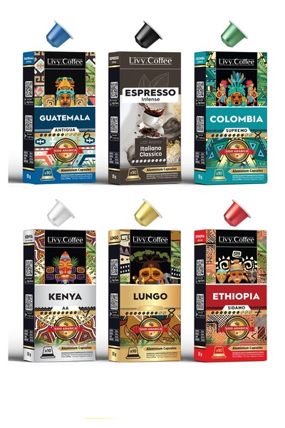 Livy Coffee نسبريسو ®   مجموعة مختلطة من الألومنيوم مكونة من 6 قطع - 60 كبسولة