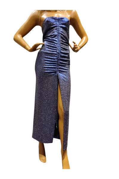 modayiğit Fantazi kumaş straplez yaka büzgülü bağcıklı elbise