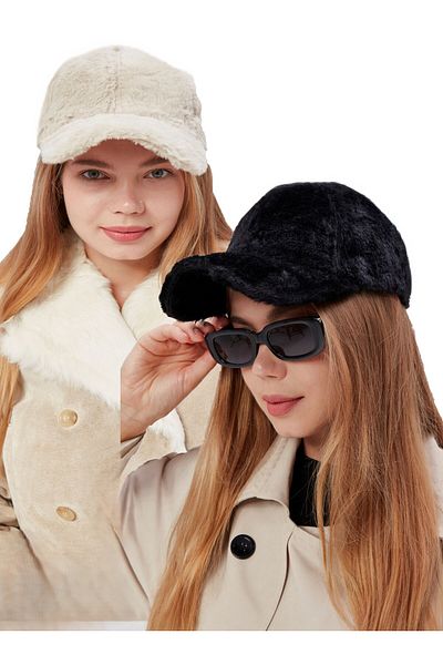 derikem Winter Black Furry Plush Cap Hat - Baseball Standard, Set of 2 - Ecru
