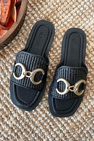 Bambi Black Straw Women's Slippers K04826051428