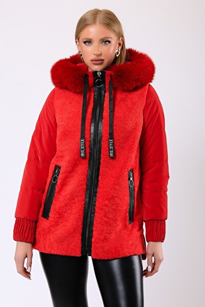Leather Club Kırmızı Selena Kürk Aksesuarlı Yün Puffer Kaban