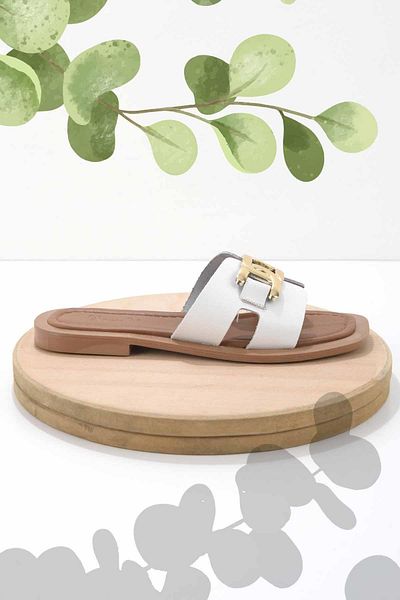 Bambi White Genuine Leather Women's Slippers K04826017103