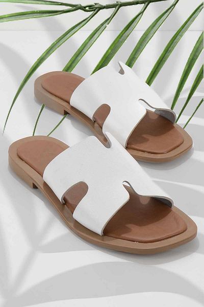 Bambi White Genuine Leather Women's Slippers K04826050003