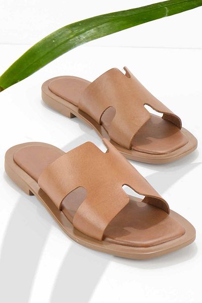 Bambi Tan Genuine Leather Women's Slippers K04826050003