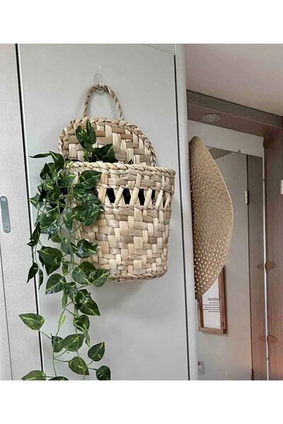 afralya home Çok Amaçlı Sepet / Askı Sepet Saksı Dekoratif Hasır Sepet Delikl...