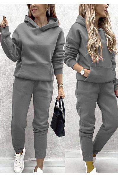 Little Visqon Women's Hooded Kangaroo Pocket 3 Thread Raised Double Set - Gray