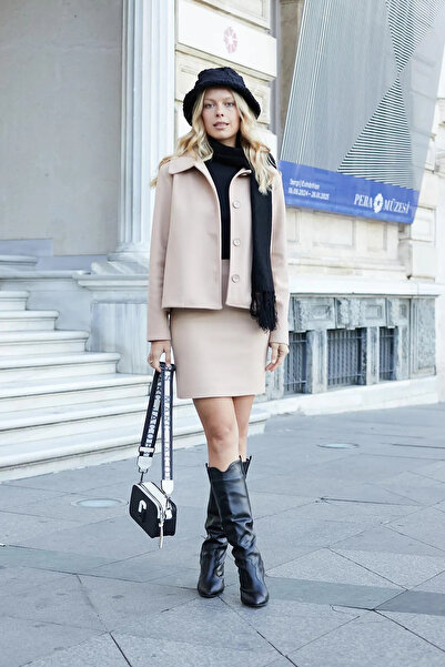 Up Shop Jument Kadın Koyu Bej Rengi Hafif Likralı Yüksek Bel Kalın Kaşe Kumaş...