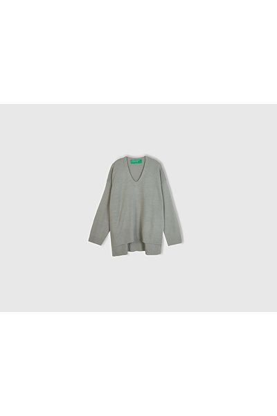 United Colors of Benetton Women's Gray Melange Wool Blended Long Back V-Neck Sweater