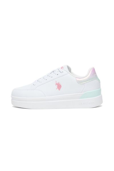 U.S. Polo Assn. Women's White Platform Sneakers with Iridescent Heel and Pink Logo - Comfort Cushioned Sole