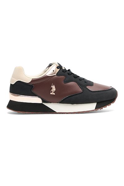 U.S. Polo Assn. Women's Retro-Inspired Sneakers - Black and Brown with Gold Accents, Textured Sole Stylish Shoes