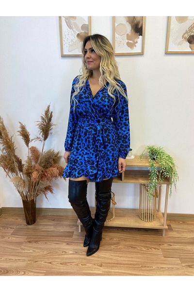 MODAVERA    Women's Long Sleeve Double Breasted Neckline Waist Belted Leopard Print Diving Dress