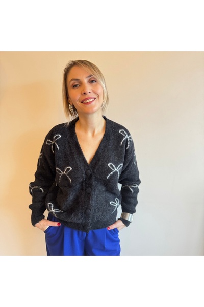 Aylish Black Bow Patterned Soft Cardigan