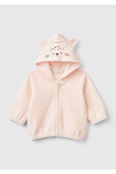 United Colors of Benetton Baby Dusty Pink Zippered Sweatshirt with Ears and Embroidered Hood Detail