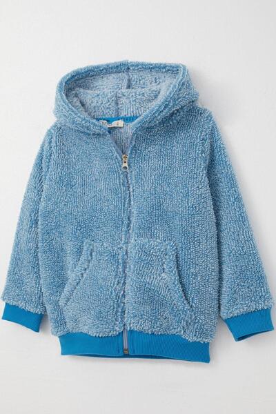 Breeze 9 Months-3 Years Baby Boy Blue Plush Cardigan with Hood and Zipper