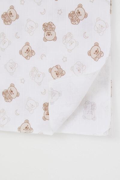 Breeze Ecru Colored Newborn Baby Muslin Blanket - Cute Standard with Teddy Bear Pattern