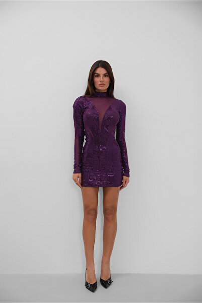 Black Fashion Tül Detaylı Mini Mor Elbise