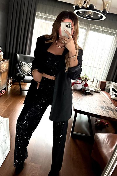 STYLE NİŞANTAŞI Sequined Wide Leg Trousers Black