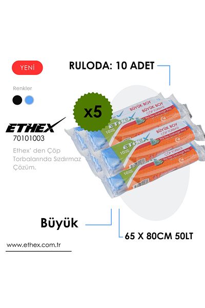 Ethex Standard Large Size Garbage Bag (10 Pieces 65 X 80cm 50Lt Blue 5 Rolls)