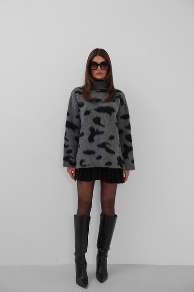 Black Fashion Turtleneck Leopard Print Gray Sweater