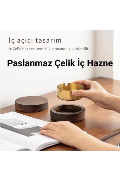 Polham Paslanmaz Çelik Yuvarlak Ultra Şık Küllük, Kapaklı Ceviz Ağacı Paslanmaz Çelik Kül Tablası Go