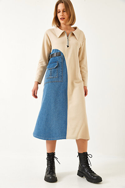 Bianco Lucci Γυναικείο τζιν Λεπτομερές Μακρύ Φόρεμα 8130 60261134