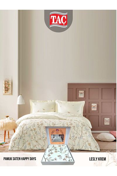 Taç Lesly Cream Cotton Satin Double Duvet Cover Set