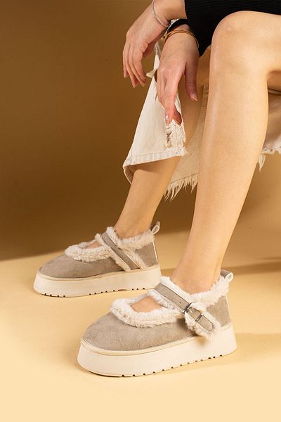 Pembe Potin Women's Beige Nubuck Ballerina Model with Hairy Inside Flat Thick Comfortable Sole Women's Shoes