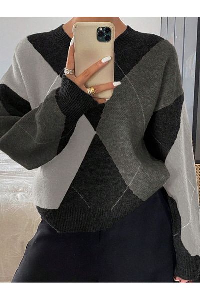Dier Moda Tricotaj de damă maro cu model Argyle cu decolteu în V Pulover de damă
