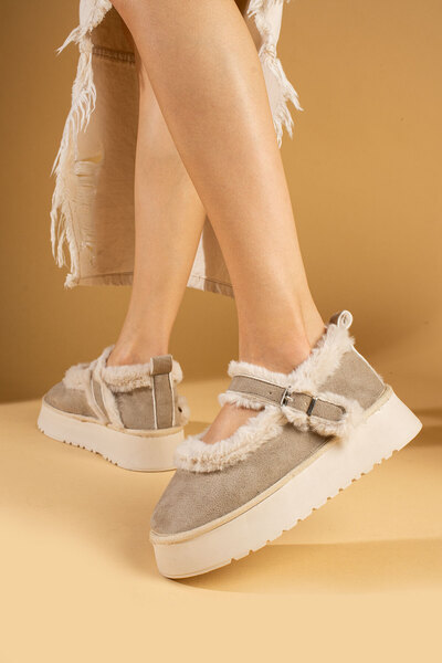 Pembe Potin Women's Beige Nubuck Ballerina Model with Hairy Inside Flat Thick Comfortable Sole Women's Shoes