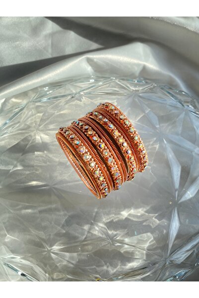 Home 14 Parça Gökkuşağı Taşlı Gül Altın Hint Bilezik Seti