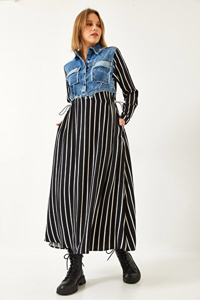 Bianco Lucci Kadın Denim Garnili Uzun Kloş Elbise 60351248