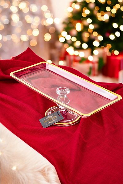 ARGKRİSTAL Rectangular Service Plate with 24 Star Glossy Gold Detail Nude Crystal Foot