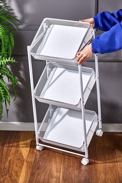 Cornella 3 Layers Folding White Color Metal Multipurpose Organizer Organizer with Wheels Rectangle Basket