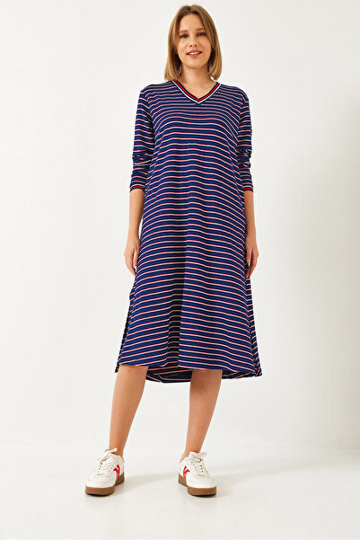 Bianco Lucci Rochie lungă cu dungi cu decolteu în V pentru femei 8146 60351334