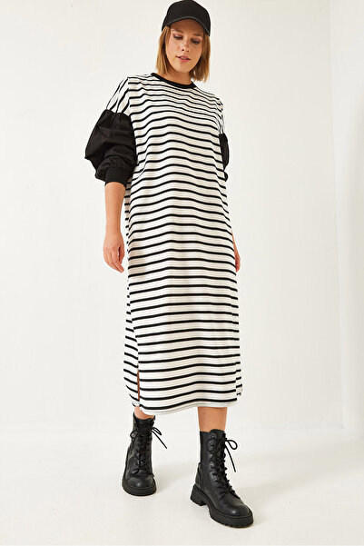 Bianco Lucci Γυναικείο ριγέ μανίκι Λεπτομέρεια ριγέ μακρύ φόρεμα 8172 60351333