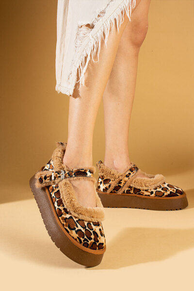 Pembe Potin Women's Tan Leopard Nubuck Ballerina Model with Hairy Inside Flat Thick Comfortable Sole Women's Shoes