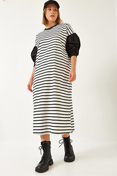 Bianco Lucci Γυναικείο ριγέ μανίκι Λεπτομέρεια ριγέ μακρύ φόρεμα 8172 60351333