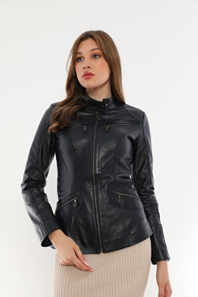 Basics&More سترة نسائية من الجلد الطبيعي باللون الأزرق الداكن مزودة بسحاب - B16