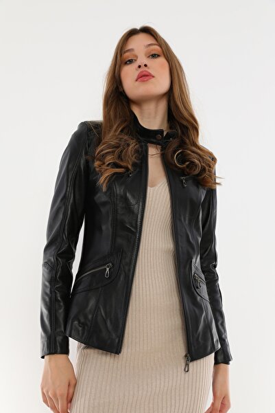 Basics&More سترة نسائية من الجلد الأسود - B16