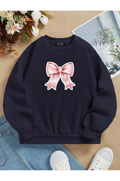 SOFTWAY Unisex Oversize Powder Pink Ribbon Basic φούτερ με στάμπα – Navy Blue